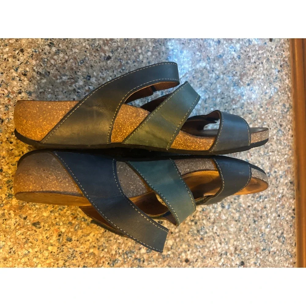 Taos Trulie Leather Multi Strap‎ Cork Wedge Sandals Blue Green WMNs 6-6.5 EUR 37